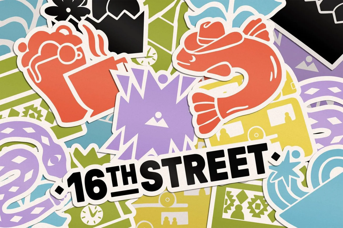 16TH STREET 로고와 로컬 아티스트 아이콘이 뒤섞인 스티커 더미