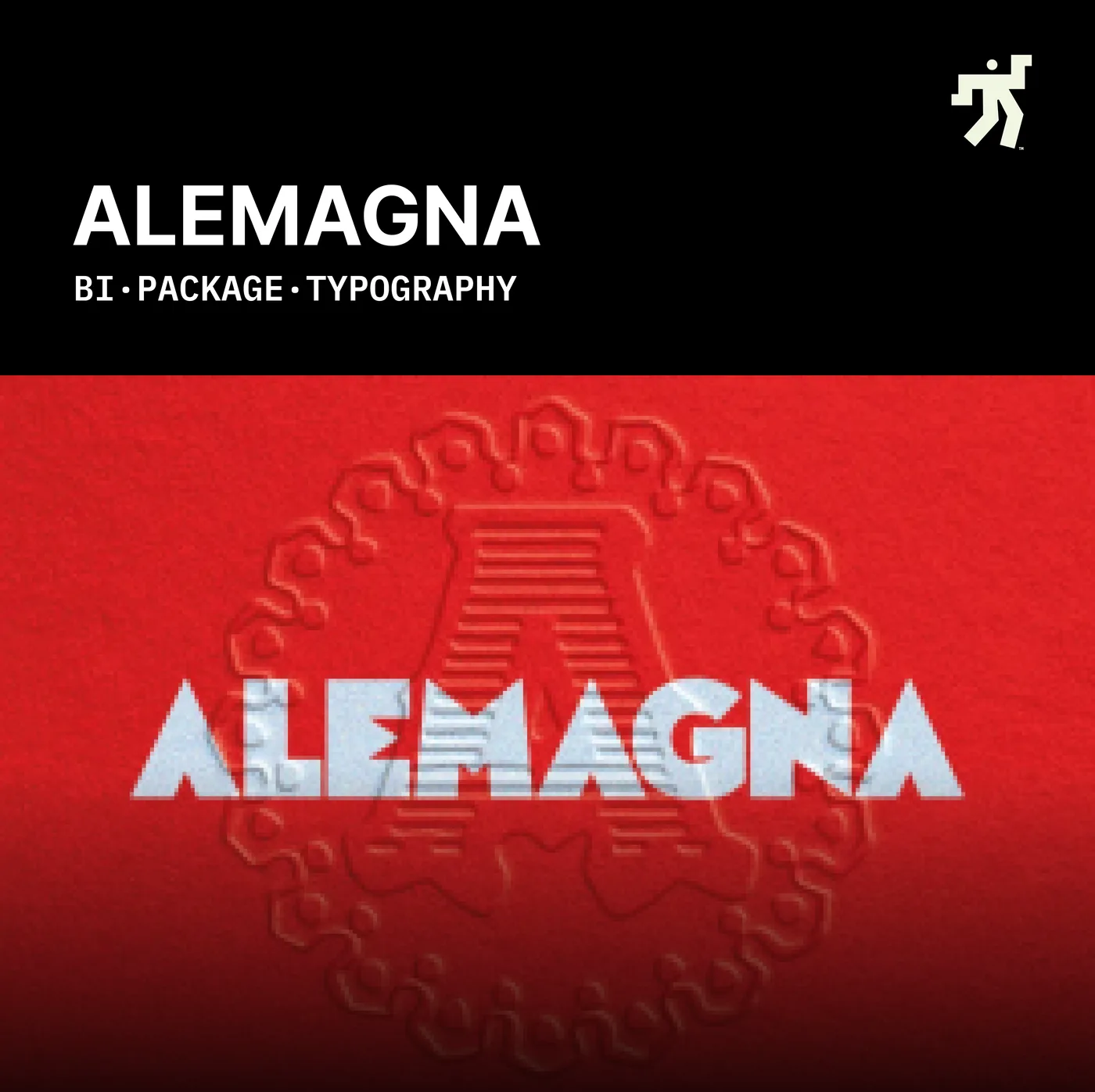 검정 머리띠에 ALEMAGNA 와 BI · PACKAGE · TYPOGRAPHY 라벨, 아래 붉은 바탕에 은박 알레마냐 워드마크와 엠보싱 문장