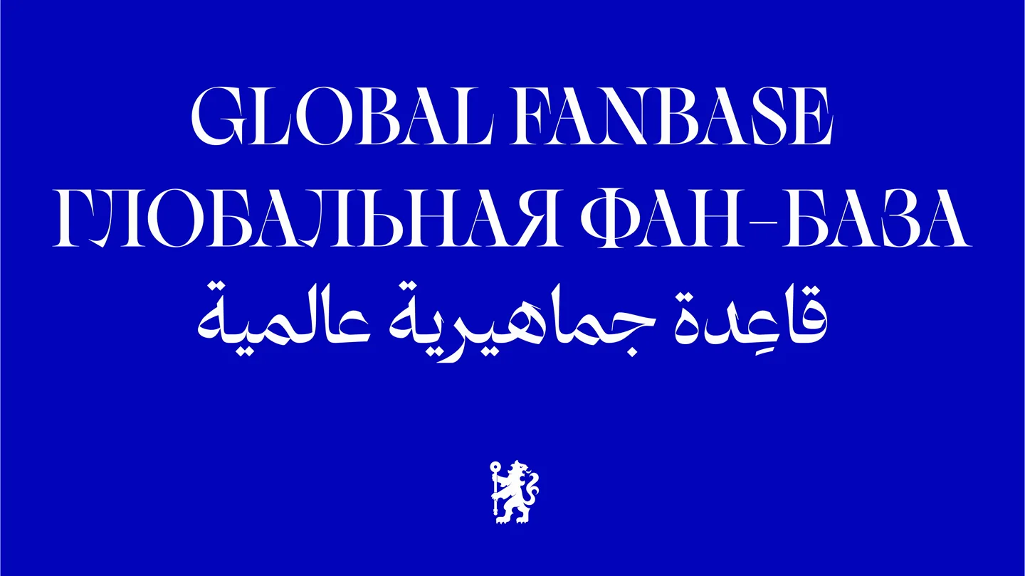 GLOBAL FANBASE 를 라틴·키릴·아랍 세 문자로 조판한 견본