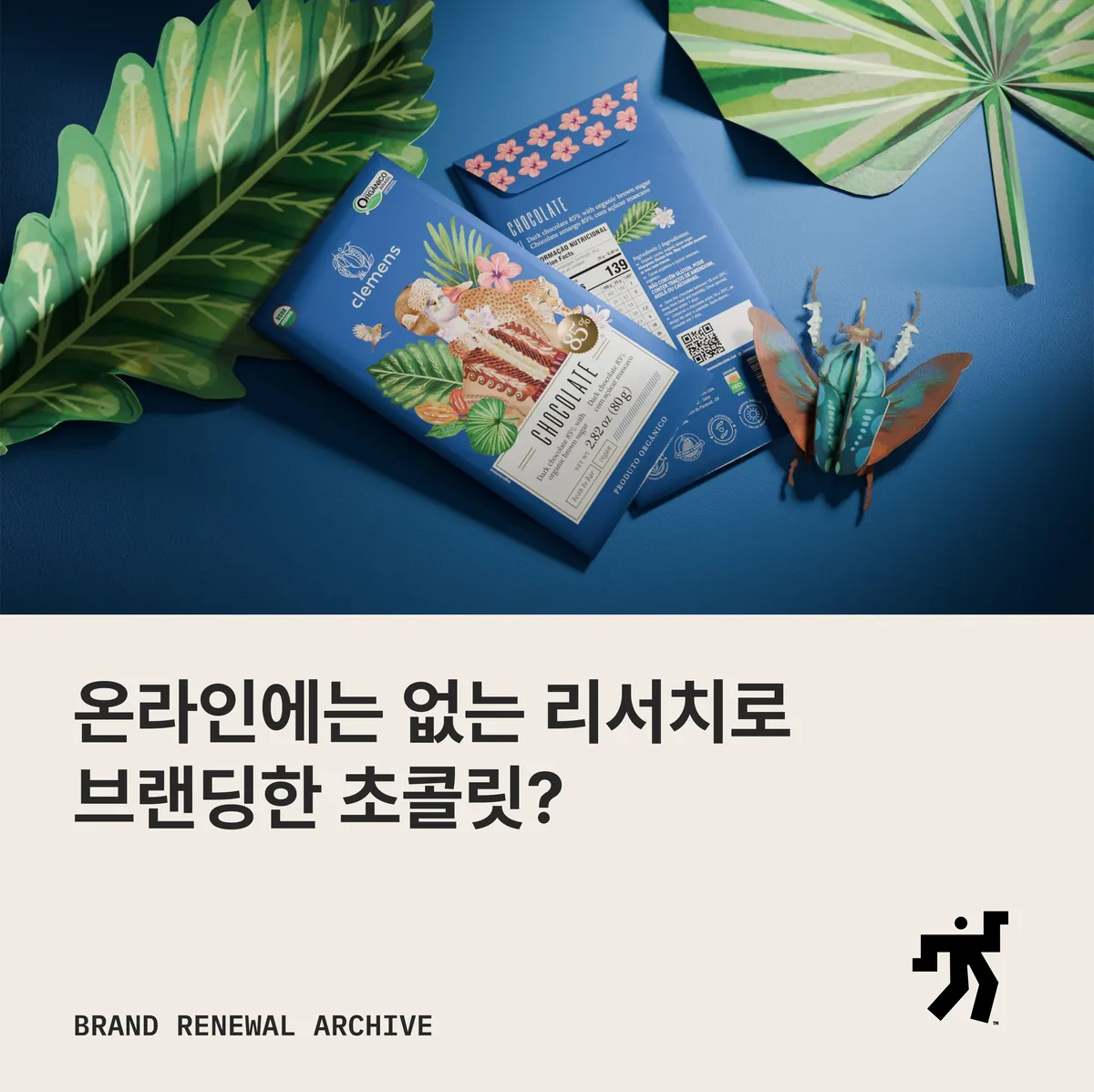 잎사귀 사이에 놓인 클레멘스 초콜릿 패키지