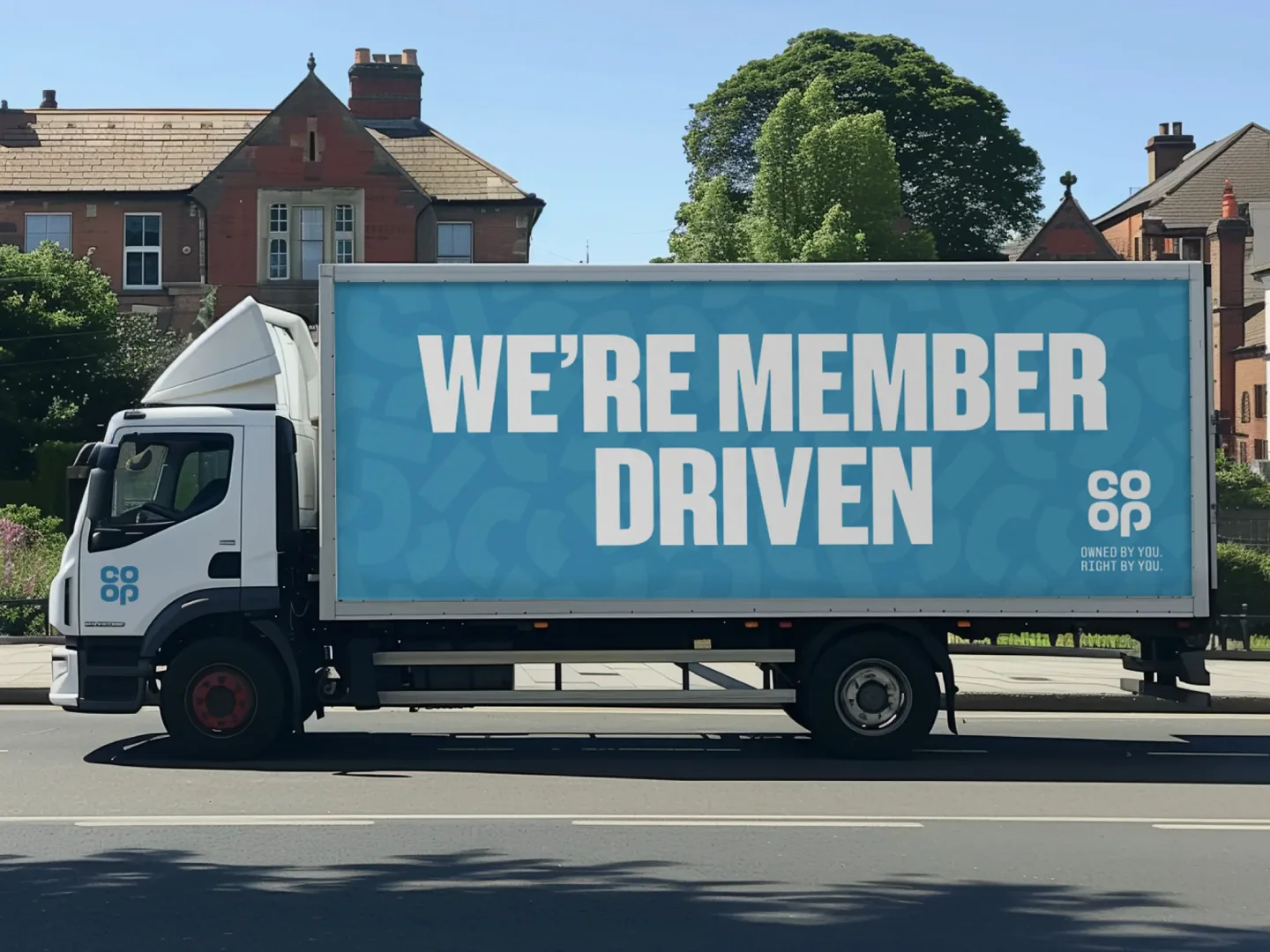 WE’RE MEMBER DRIVEN 이 적힌 배송 트럭