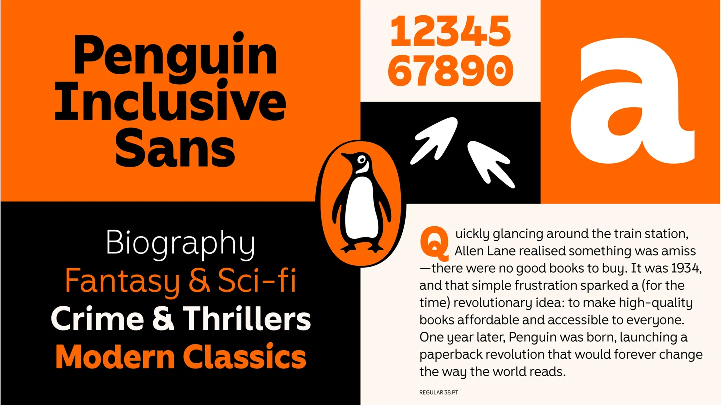 주황 바탕에 Penguin Inclusive Sans 이름과 숫자, 펭귄 마크를 놓은 견본