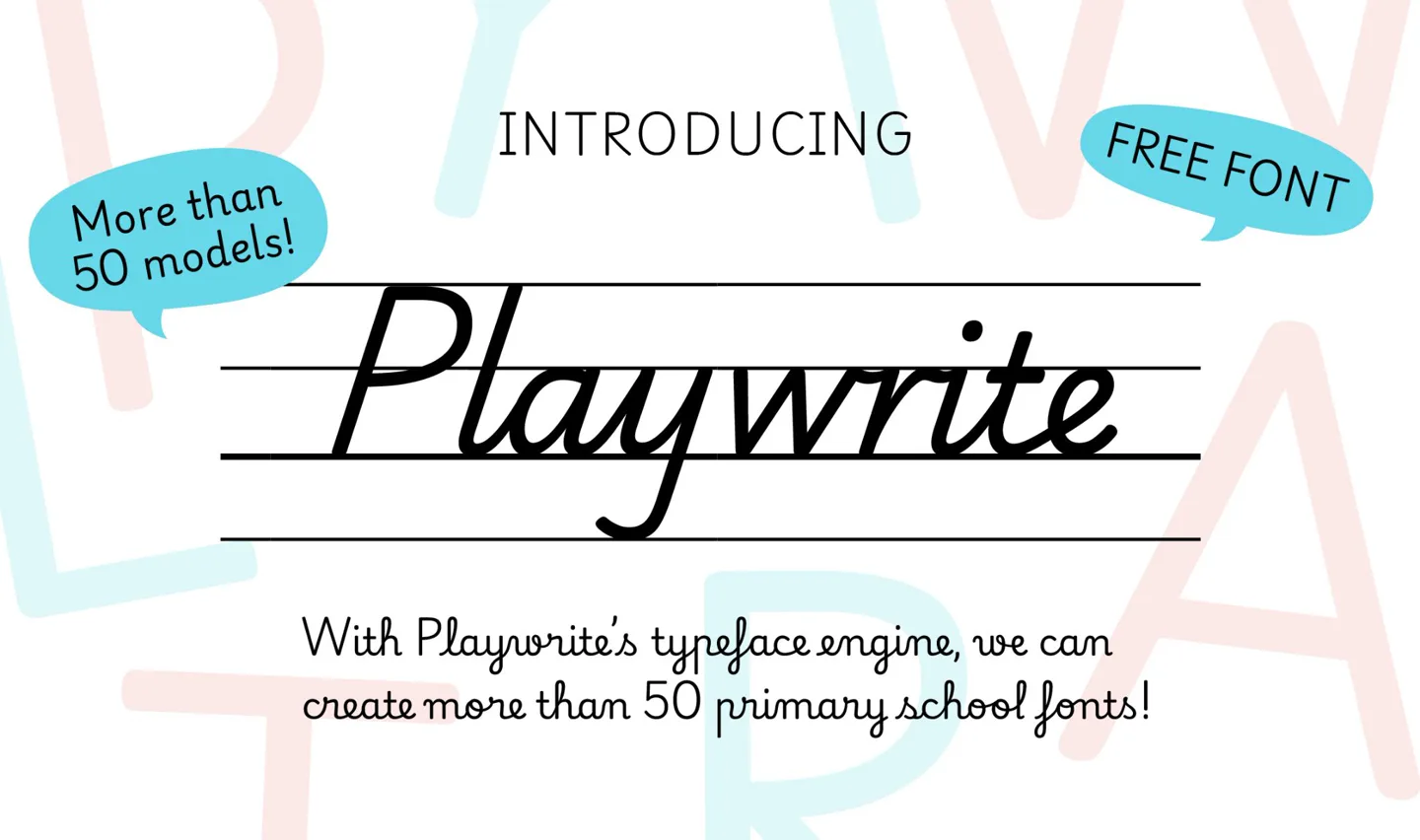 Playwrite 손글씨 워드마크와 More than 50 models, Free font 말풍선을 놓은 소개 배너