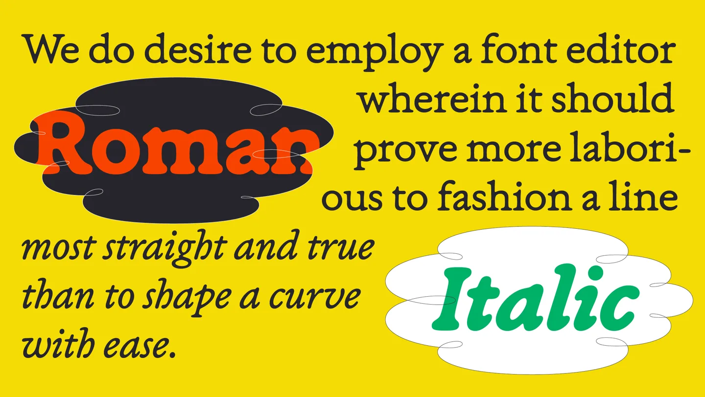 노랑 바탕에 Roman 과 Italic 을 얼룩 위에 놓은 견본 문장