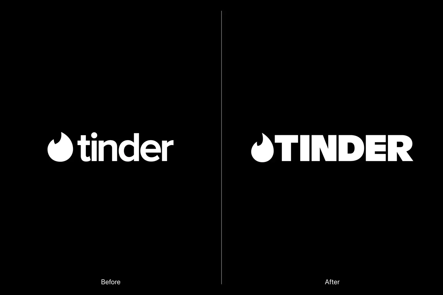 소문자 tinder 에서 대문자 TINDER 로 바뀐 워드마크 비교