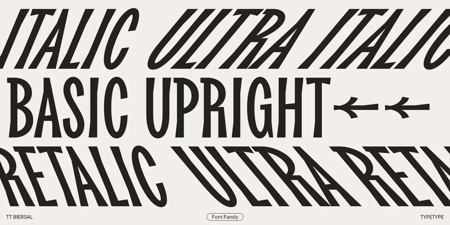 Italic, Ultra Italic, Basic Upright, Retalic, Ultra Retalic 다섯 스타일을 겹쳐 놓은 견본