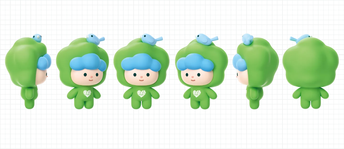 검은 격자 위 우푸 캐릭터의 3D 턴어라운드