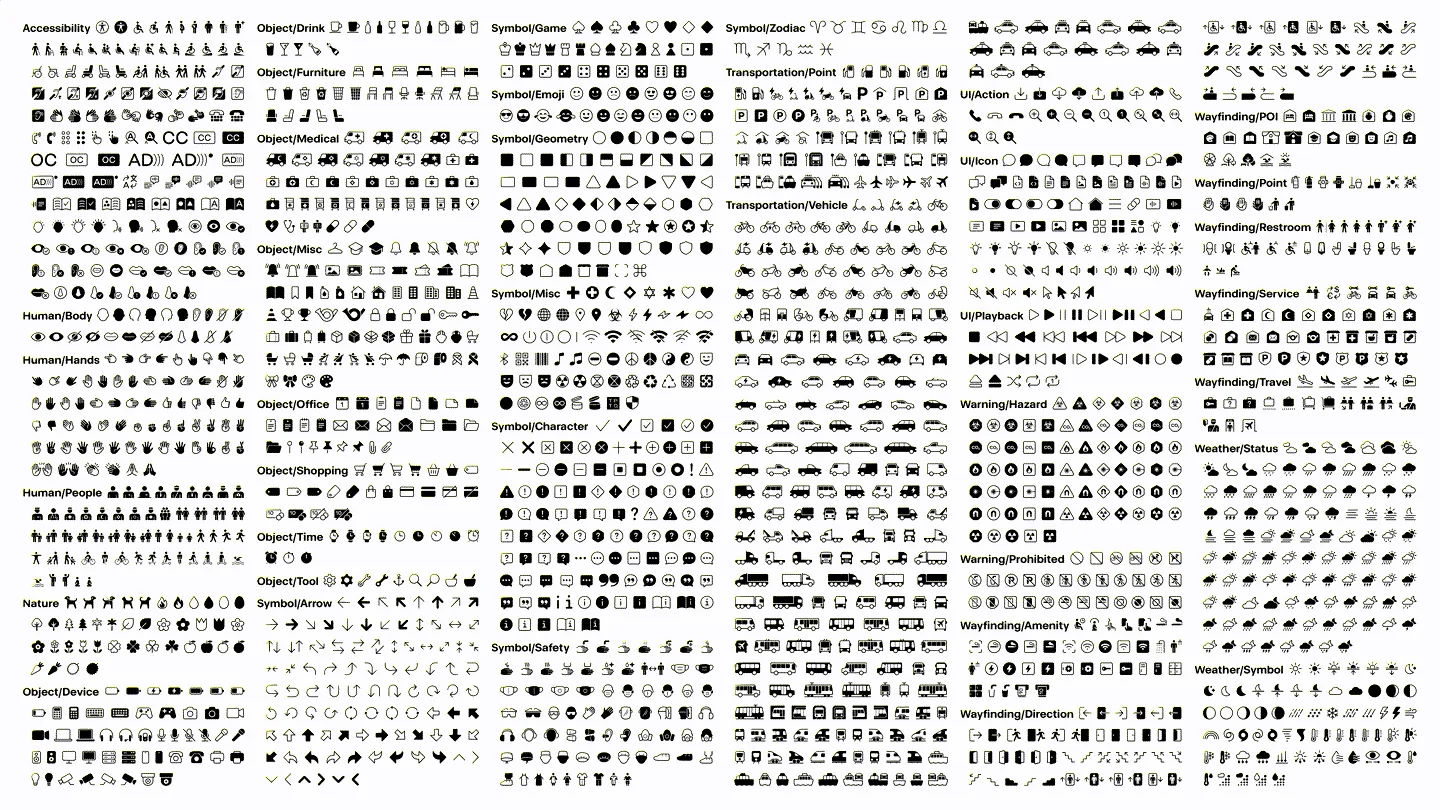 2,000개 아이콘 전체를 작은 격자로 늘어놓은 표
